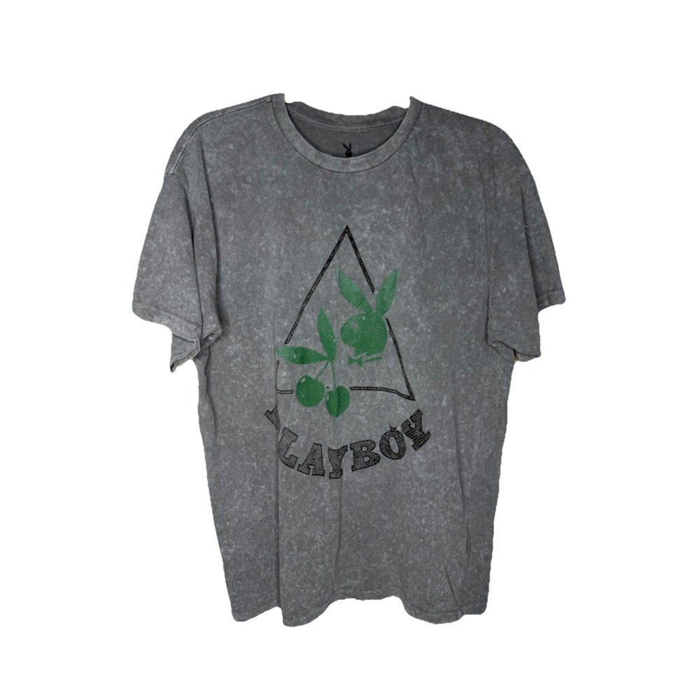 Playboy XL Mens Gray T-Shirt Crew Neck Short Sleeve Bunny Cherries‎